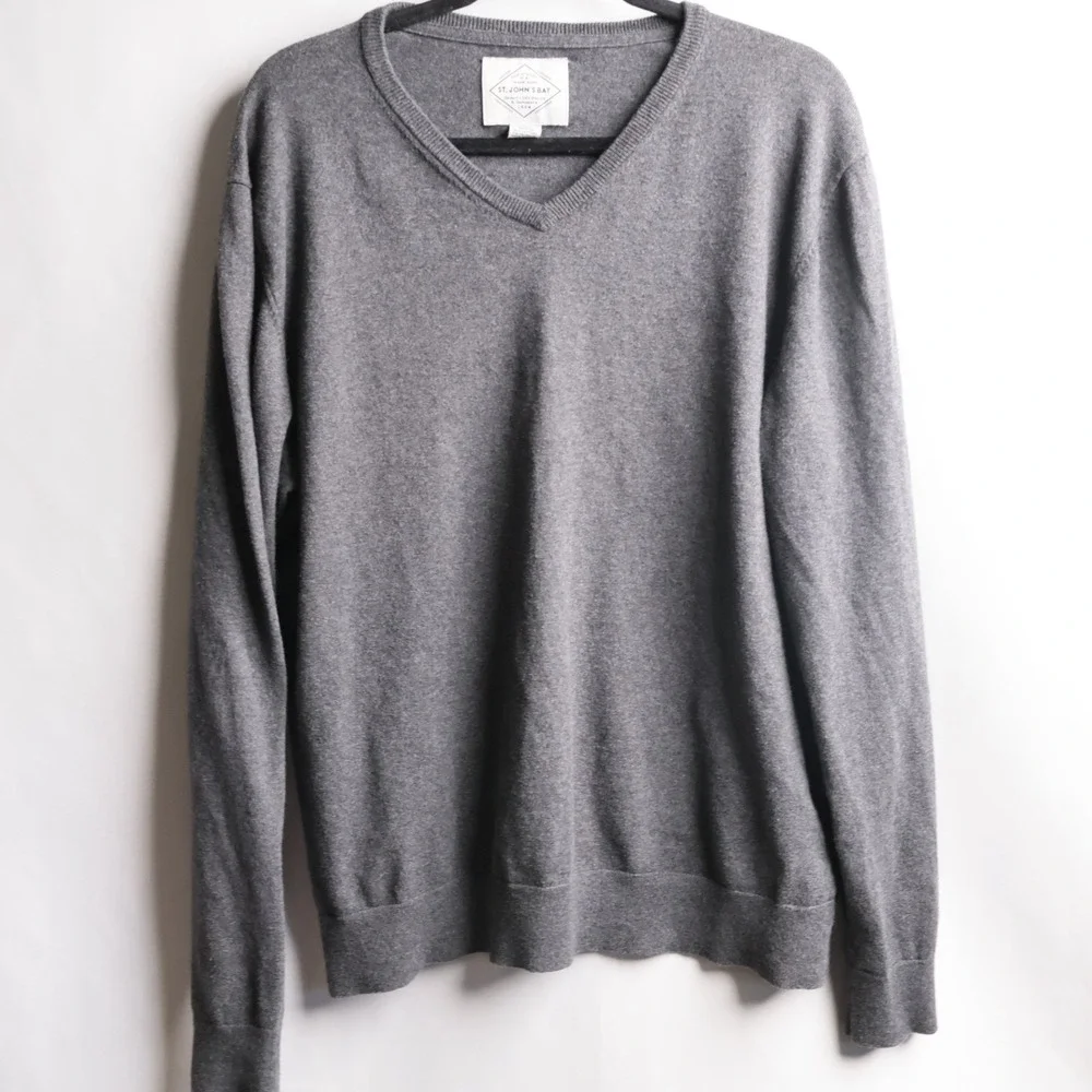St. Johns Bay Mens XL Gray V-Neck Cotton Cashmere Blend Long Sleeve Sweater Prep
